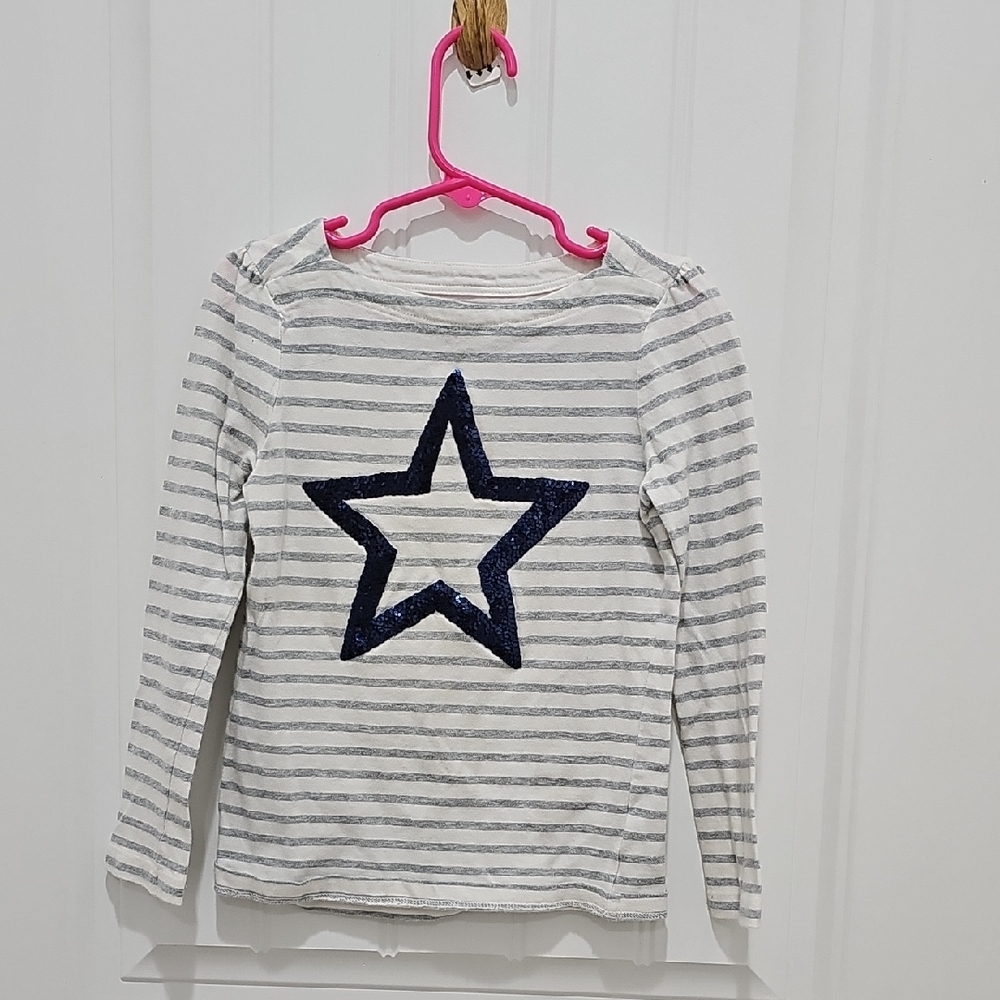White and Gray Long Sleeve Striped Tee with Star Design